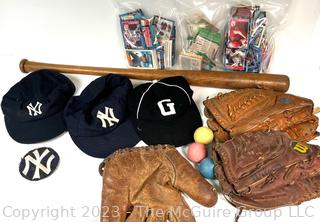 Collection of Vintage Baseball Items Including Gloves, Baseball Cards, Bat and Hats. 