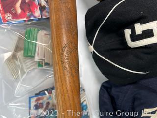 Collection of Vintage Baseball Items Including Gloves, Baseball Cards, Bat and Hats. 