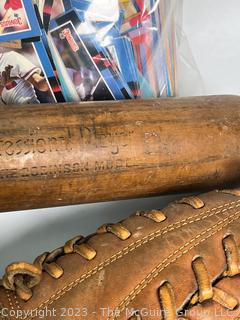 Collection of Vintage Baseball Items Including Gloves, Baseball Cards, Bat and Hats. 