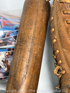 Collection of Vintage Baseball Items Including Gloves, Baseball Cards, Bat and Hats. 