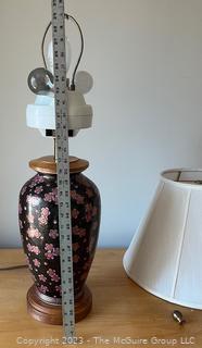 Asian Black and Floral Motif Table Lamp with Microsun Lighting.  30" tall including harp.