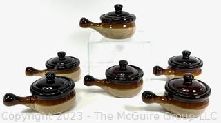 Set of Six (6) Stoneware Brown Glaze Onion Soup Bowl with Handle & Lid  