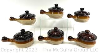 Set of Six (6) Stoneware Brown Glaze Onion Soup Bowl with Handle & Lid  