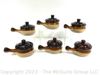 Set of Six (6) Stoneware Brown Glaze Onion Soup Bowl with Handle & Lid  