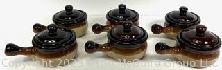 Set of Six (6) Stoneware Brown Glaze Onion Soup Bowl with Handle & Lid  