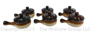 Set of Six (6) Stoneware Brown Glaze Onion Soup Bowl with Handle & Lid  