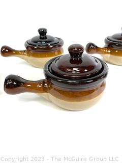 Set of Six (6) Stoneware Brown Glaze Onion Soup Bowl with Handle & Lid  