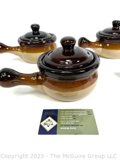 Set of Six (6) Stoneware Brown Glaze Onion Soup Bowl with Handle & Lid  