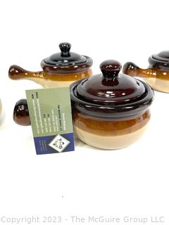 Set of Six (6) Stoneware Brown Glaze Onion Soup Bowl with Handle & Lid  