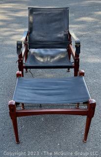 M. Hayat & Brothers Pakistani 'Roorkee' Black Leather Sling Back Safari Campaign Chair with Ottoman. Chair 31"H x 22"D