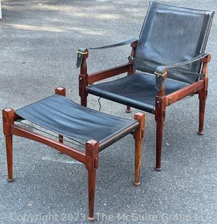 M. Hayat & Brothers Pakistani 'Roorkee' Black Leather Sling Back Safari Campaign Chair with Ottoman. Chair 31"H x 22"D