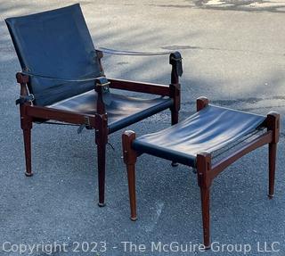 M. Hayat & Brothers Pakistani 'Roorkee' Black Leather Sling Back Safari Campaign Chair with Ottoman. Chair 31"H x 22"D