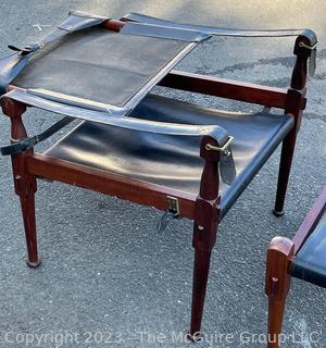 M. Hayat & Brothers Pakistani 'Roorkee' Black Leather Sling Back Safari Campaign Chair with Ottoman. Chair 31"H x 22"D