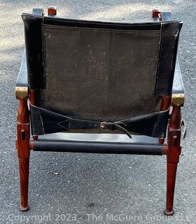 M. Hayat & Brothers Pakistani 'Roorkee' Black Leather Sling Back Safari Campaign Chair with Ottoman. Chair 31"H x 22"D