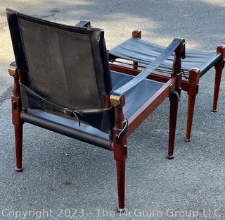 M. Hayat & Brothers Pakistani 'Roorkee' Black Leather Sling Back Safari Campaign Chair with Ottoman. Chair 31"H x 22"D