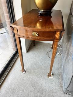 Federal Style Mahogany Inlaid Drop Leaf Side Table. Second of Two Offered in This Auction. Measures 17w x 30d x 27"h sides down. 