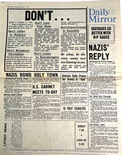 1979 Reprint of  Britain's Daily Mirror Dated September 4th, 1939.  