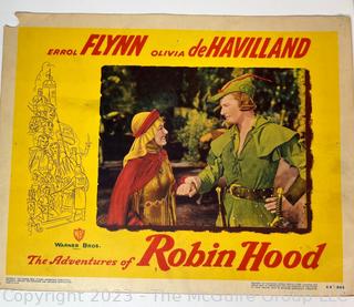 Three (3) 1948 Vintage Lobby Cards from The Adventures of Robin Hood Starring Errol Flynn, Olivia De Havilland, Basil Rathbone and Claude Rains.  11" x 14"