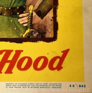 Three (3) 1948 Vintage Lobby Cards from The Adventures of Robin Hood Starring Errol Flynn, Olivia De Havilland, Basil Rathbone and Claude Rains.  11" x 14"