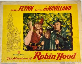 Three (3) 1948 Vintage Lobby Cards from The Adventures of Robin Hood Starring Errol Flynn, Olivia De Havilland, Basil Rathbone and Claude Rains.  11" x 14"