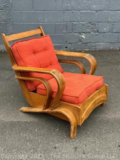 Mid Century Modern Art Deco Maple Bent Wood Lounge Chair with Orange Cushions.  