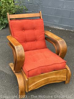 Mid Century Modern Art Deco Maple Bent Wood Lounge Chair with Orange Cushions.  