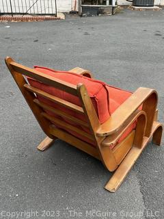 Mid Century Modern Art Deco Maple Bent Wood Lounge Chair with Orange Cushions.  