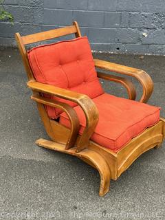 Mid Century Modern Art Deco Maple Bent Wood Lounge Chair with Orange Cushions.  