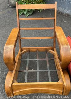 Mid Century Modern Art Deco Maple Bent Wood Lounge Chair with Orange Cushions.  