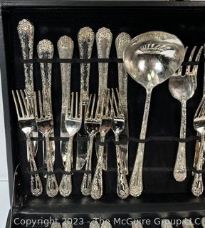 Large Set of Wm Rogers Silver Plate Flat Ware and Serving Pieces in Box. 