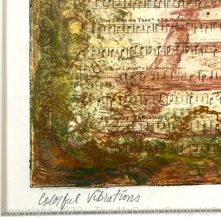 Framed Under Glass Screen Print on Sheet Music Signed by Artist Titled "Colorful Vibrations". Measures 19 x 20.5"