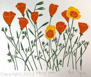 Unframed Woodblock Print on Paper Titled "California Poppies" Signed by Artist 