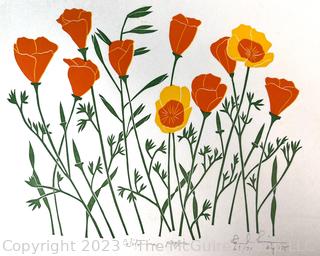 Unframed Woodblock Print on Paper Titled "California Poppies" Signed by Artist 