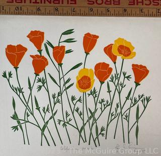 Unframed Woodblock Print on Paper Titled "California Poppies" Signed by Artist 