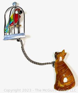 Sterling Silver with Enamel Cat and Bird in Birdcage Double Brooch