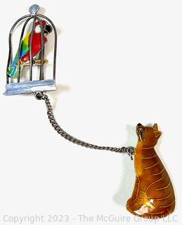 Sterling Silver with Enamel Cat and Bird in Birdcage Double Brooch