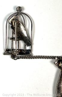 Sterling Silver with Enamel Cat and Bird in Birdcage Double Brooch