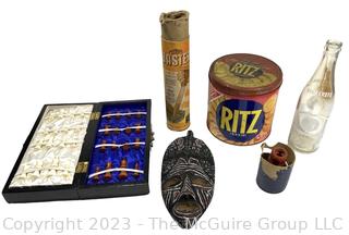 Group Including Chess Set, Cracker Tin, Glass Baster and Tribal Mask.