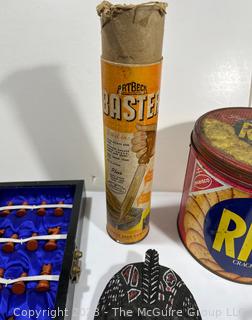 Group Including Chess Set, Cracker Tin, Glass Baster and Tribal Mask.