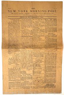 The New-York Morning Post Dated November 7, 1783, Vol. III, Numb. 155,  Includes George Washington's Farewell to The Army.