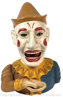 Vintage Book of Knowledge Cast Iron Mechanical Bank Clown Jester