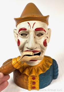 Vintage Book of Knowledge Cast Iron Mechanical Bank Clown Jester