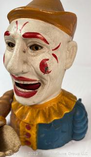 Vintage Book of Knowledge Cast Iron Mechanical Bank Clown Jester