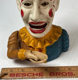 Vintage Book of Knowledge Cast Iron Mechanical Bank Clown Jester