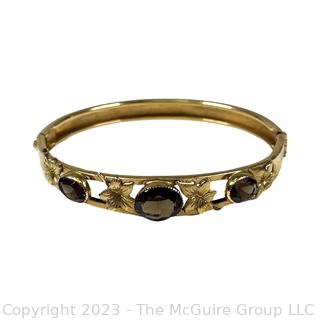 1/20 12Kt Gold Filled Hinged Bracelet with Smokey Topaz Crystal Stones Signed Russel