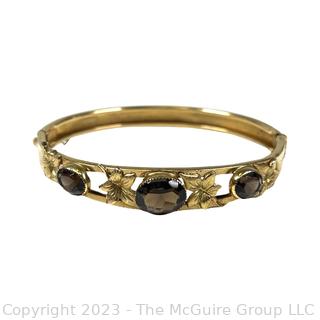 1/20 12Kt Gold Filled Hinged Bracelet with Smokey Topaz Crystal Stones Signed Russel