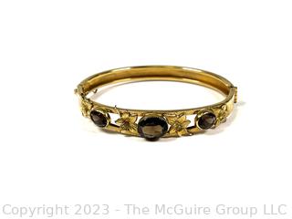 1/20 12Kt Gold Filled Hinged Bracelet with Smokey Topaz Crystal Stones Signed Russel