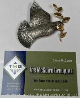 Dove of Peace Sterling Silver and Brass Brooch Signed by Jewelry Artist Courtney Peterson. Sterling mark