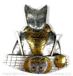 Cat Dining Out Sterling Silver and Brass Brooch Signed by Jewelry Artist Courtney Peterson. 27.9g