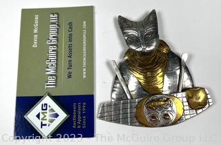 Cat Dining Out Sterling Silver and Brass Brooch Signed by Jewelry Artist Courtney Peterson. 27.9g